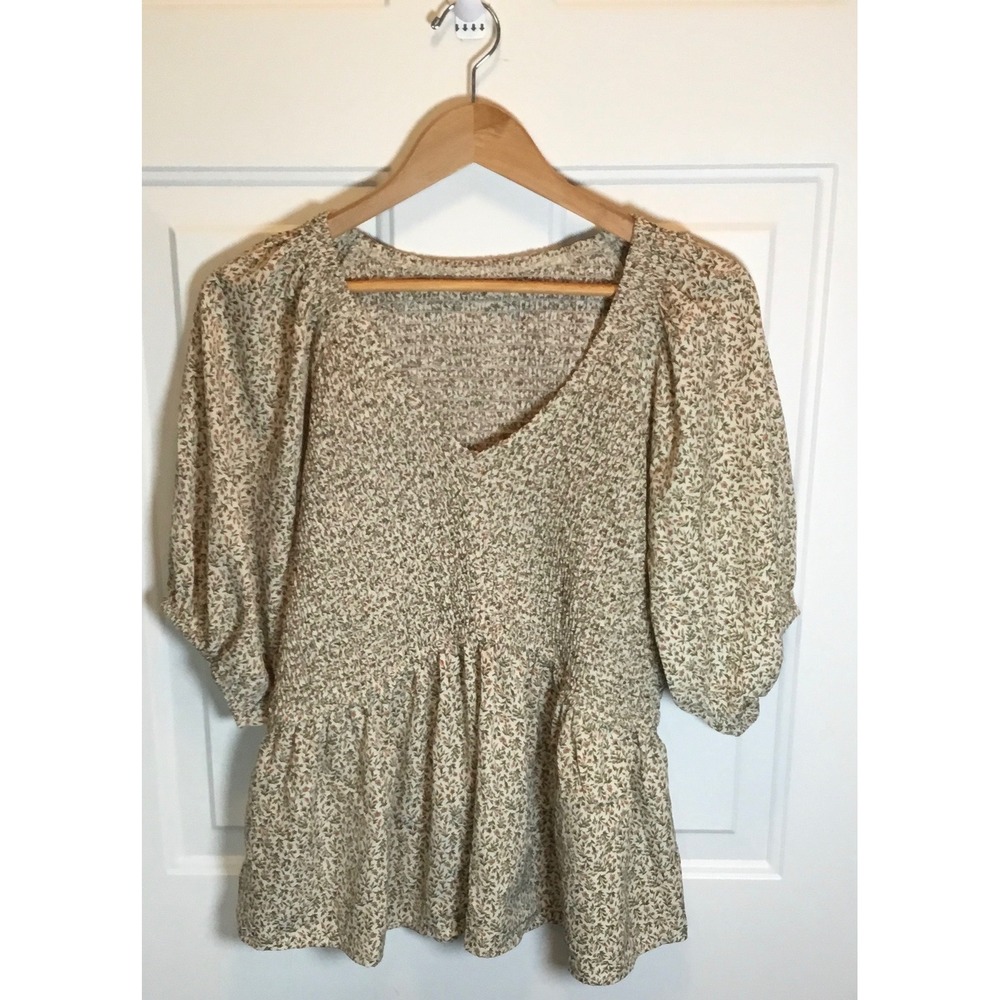 Womes XXL Floral Smocked Peplum Blouse Puff Sleeve Cottagecore‎ Top Beige